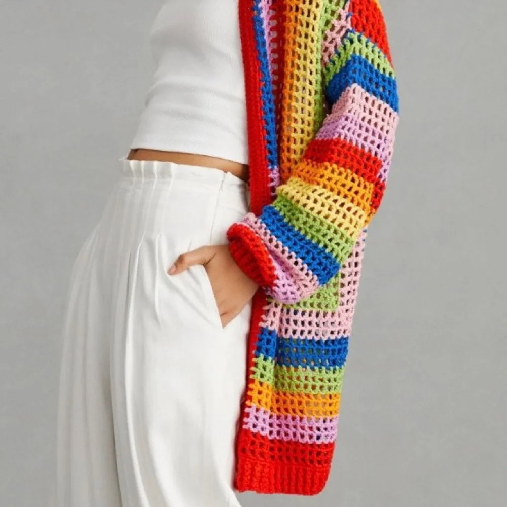 ♦️SOLD♦️Anthropologie Farm Rio Rainbow Crochet Cardigan Sweater Medium NWT - Picture 4 of 15